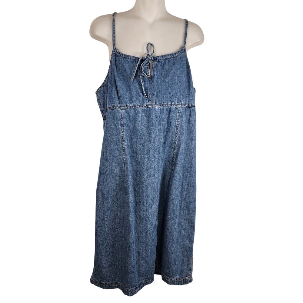 New York & Company Womanβs Denim Dress 16 Blue Spaghetti Strap Empire Tie Front
